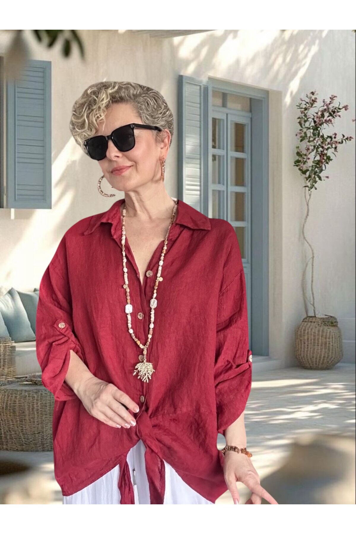 Viva Önü Bağlamalı İtalyan Kesim Linen Gömlek İndian Red