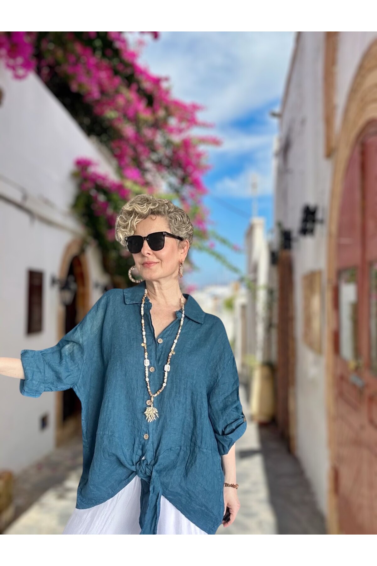 Viva Önü Bağlamalı İtalyan Kesim Linen Gömlek Petrol Mavi