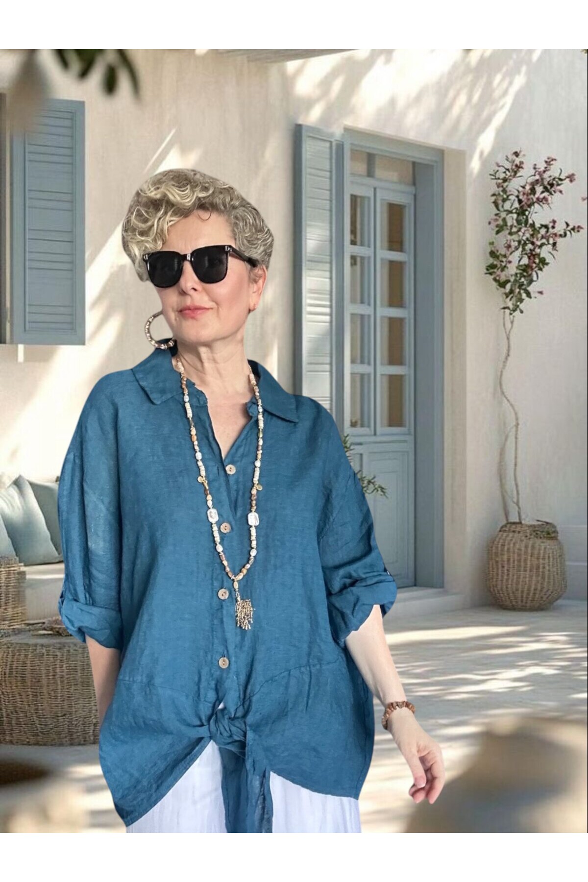 Viva Önü Bağlamalı İtalyan Kesim Linen Gömlek Petrol Mavi
