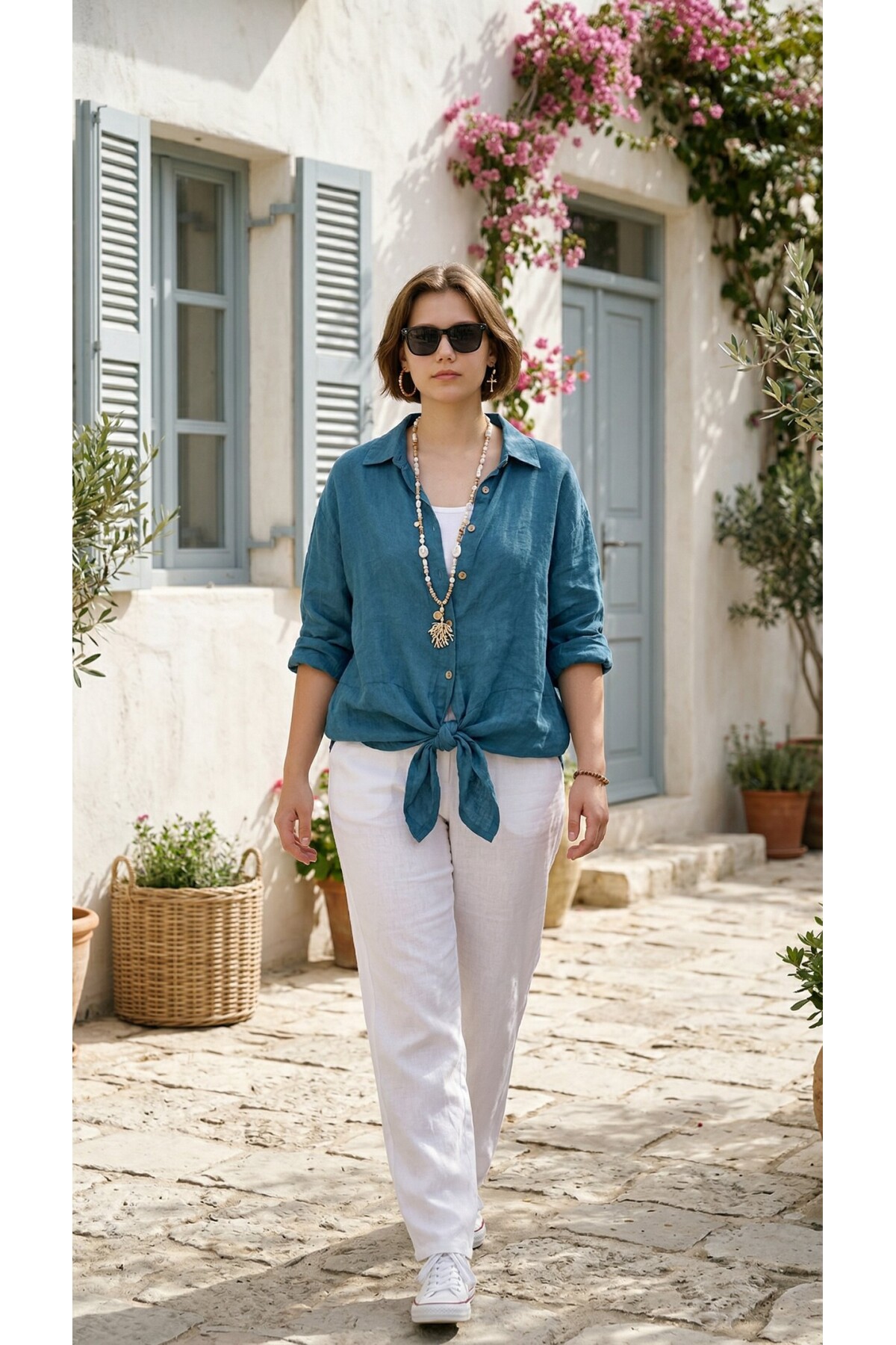 Viva Önü Bağlamalı İtalyan Kesim Linen Gömlek Petrol Mavi