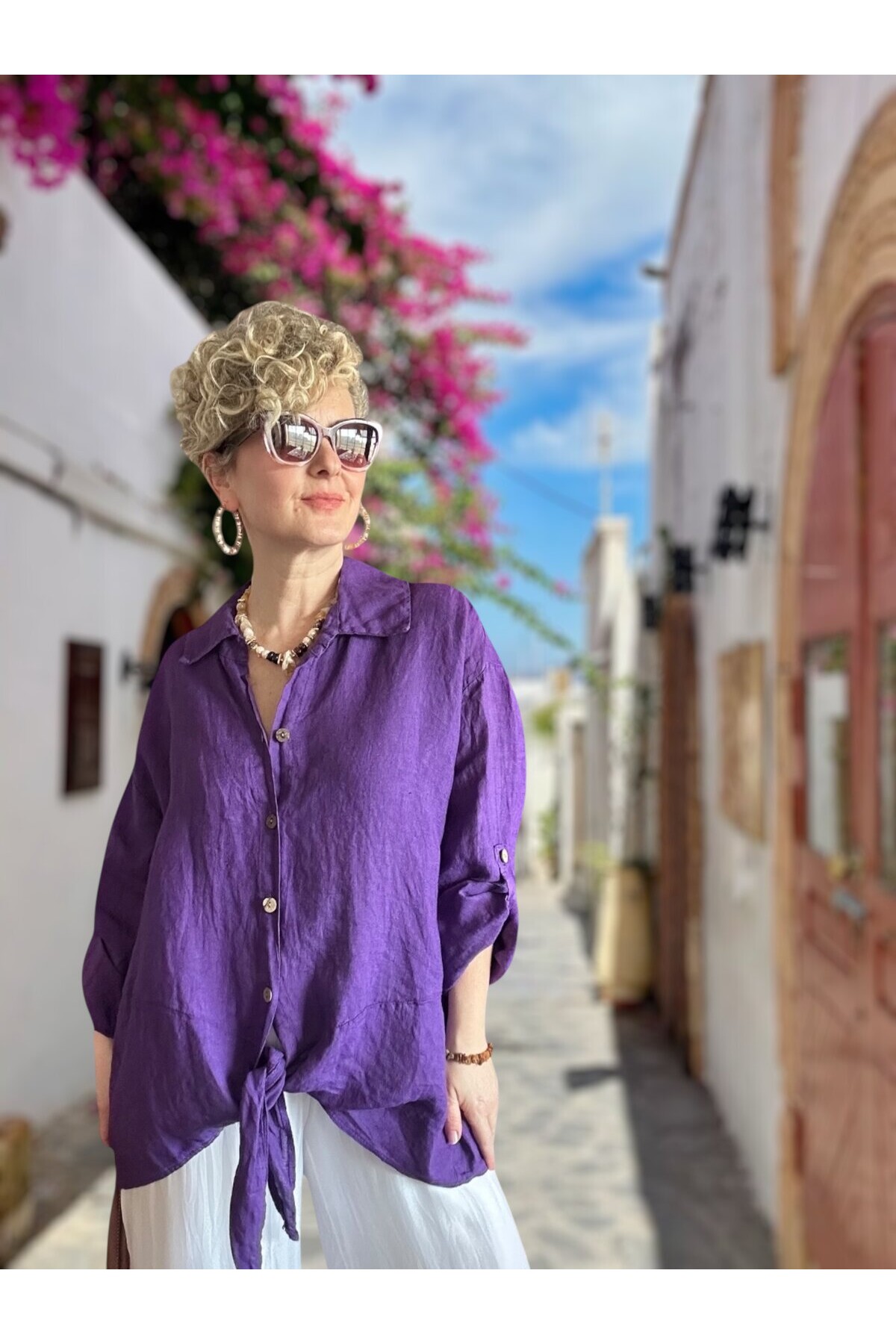 Viva Önü Bağlamalı İtalyan Kesim Linen Gömlek Viola