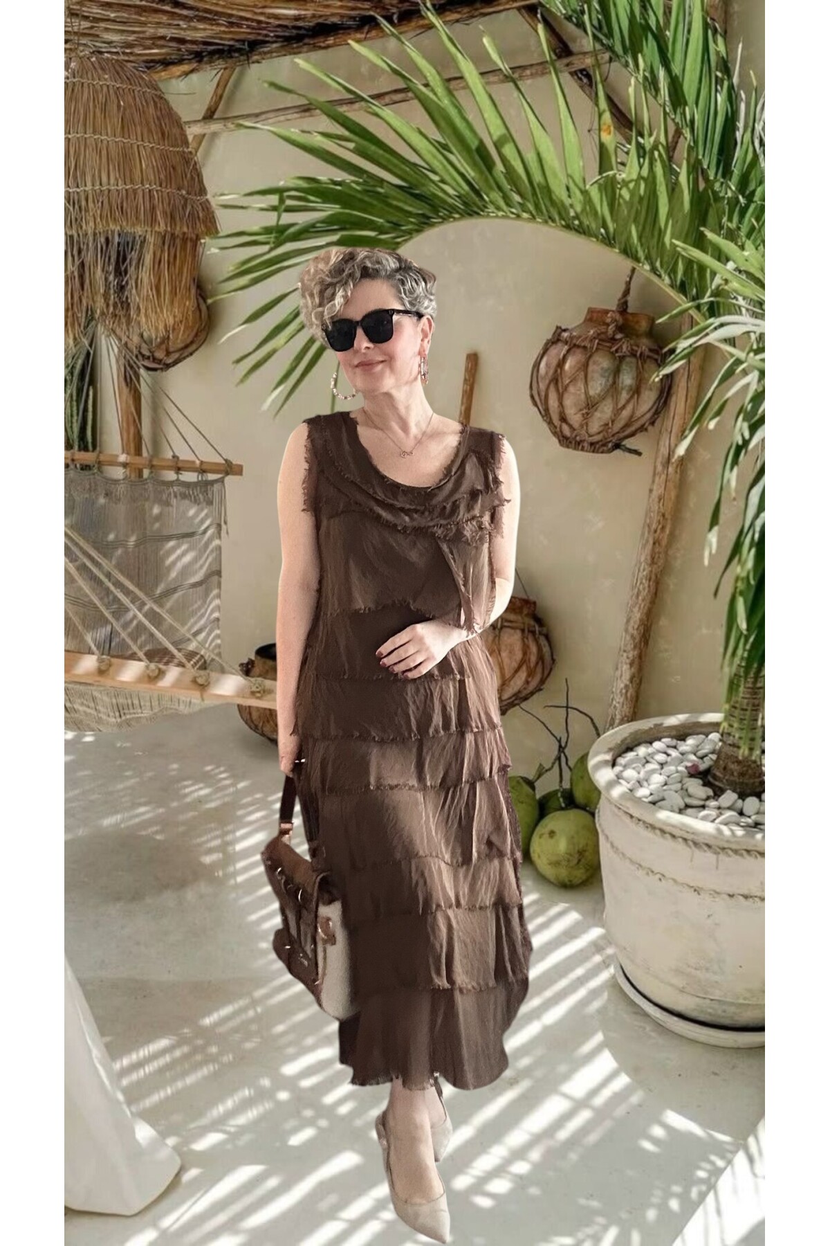 Vivas İthal Katmanlı İpek Tasarım Elbise Açık Kahve