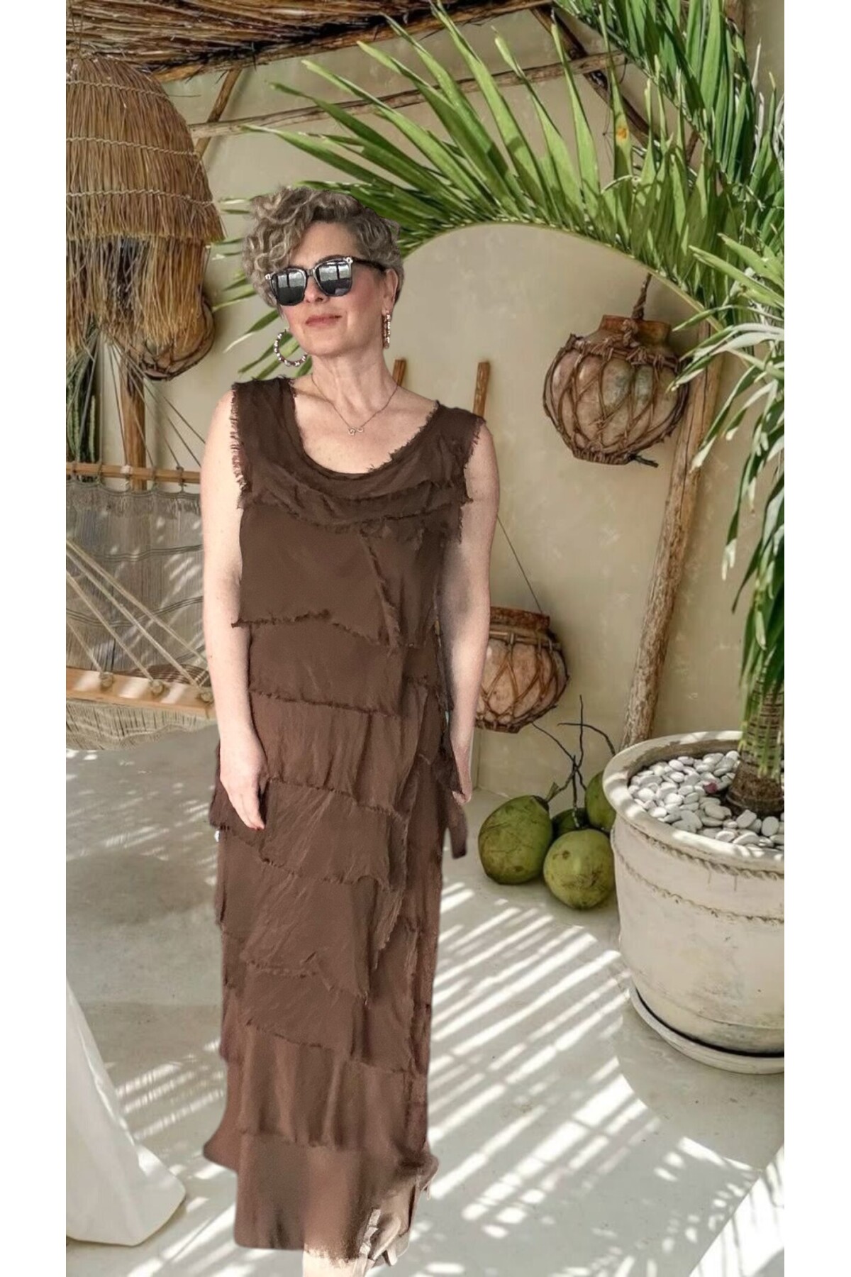 Vivas İthal Katmanlı İpek Tasarım Elbise Açık Kahve