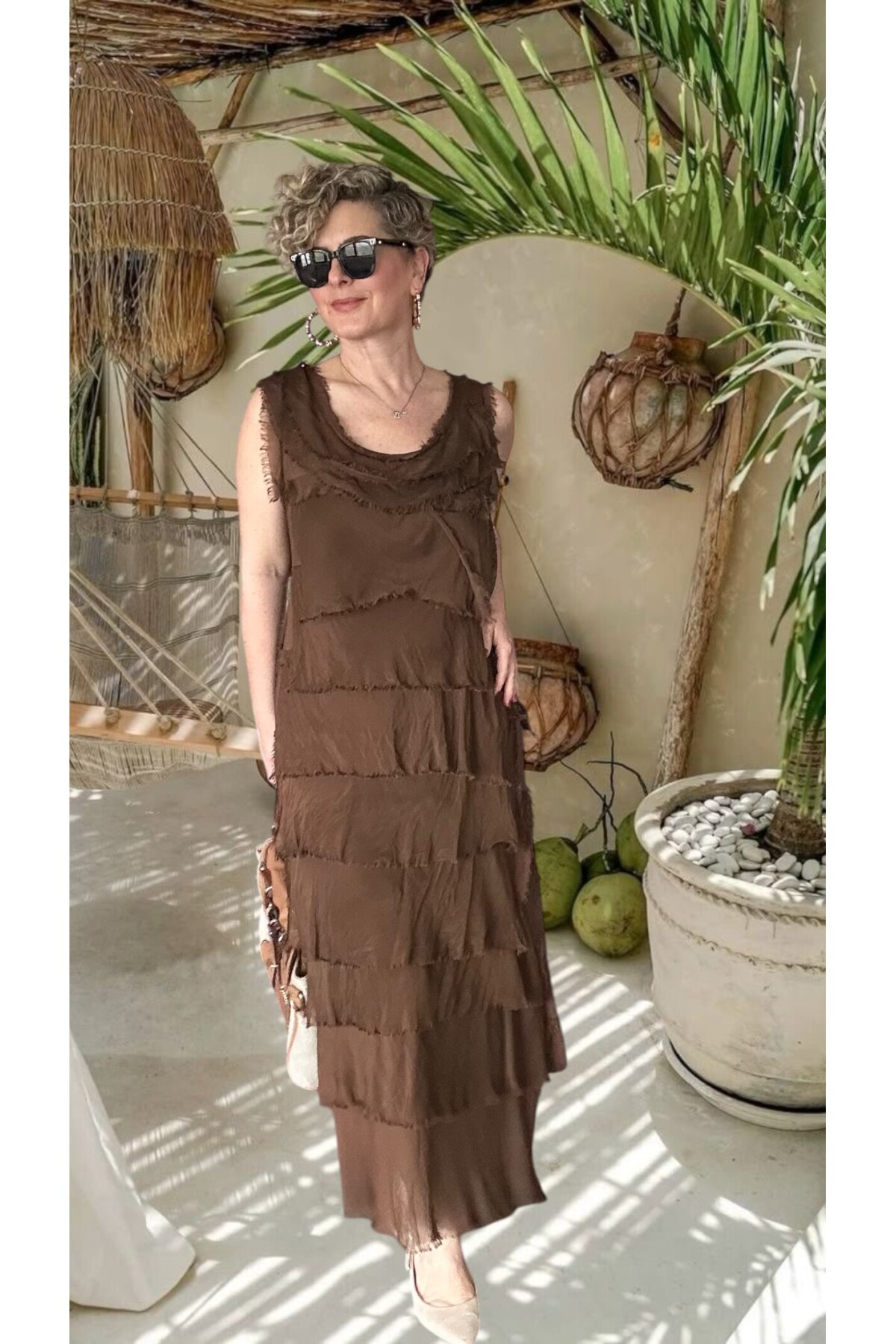 Vivas İthal Katmanlı İpek Tasarım Elbise Açık Kahve