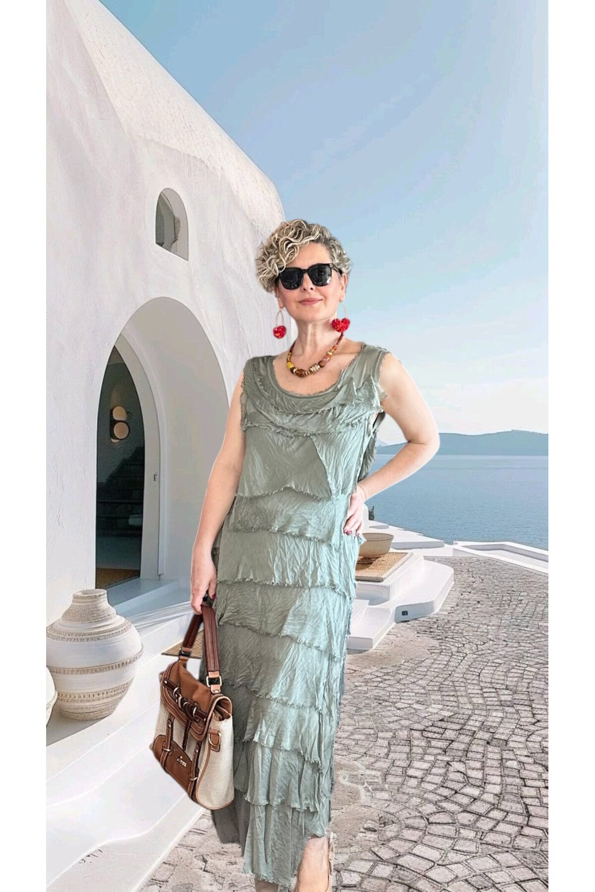 Vivas İthal Katmanlı İpek Tasarım Elbise Adaçayı Yeşili