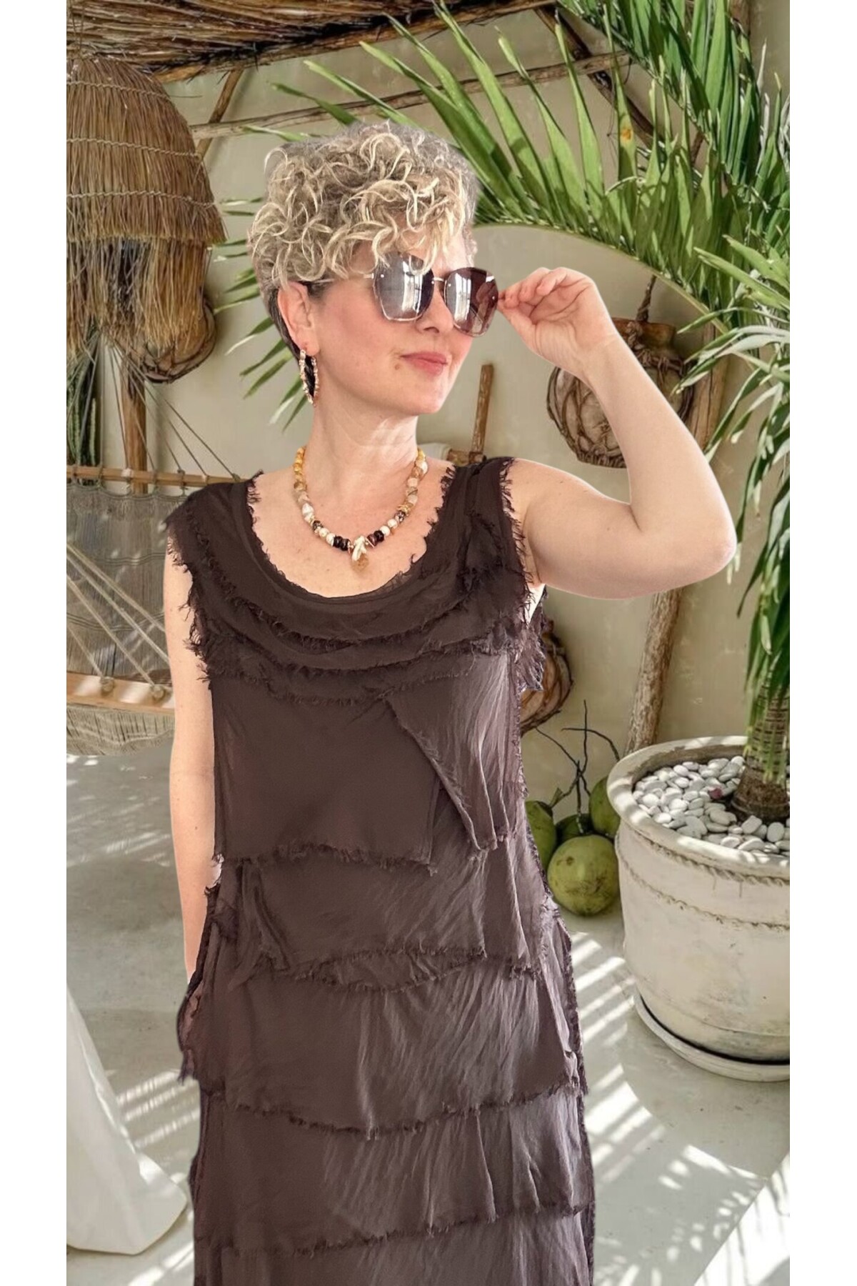 Vivas İthal Katmanlı İpek Tasarım Elbise Kahverengi