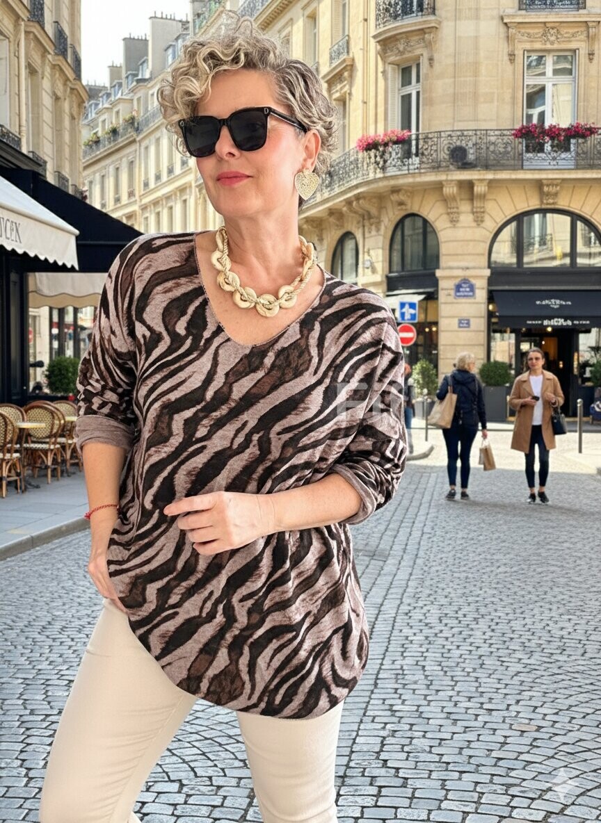 Yassa İtalyan V Yaka Zebra Desenli Triko Vizon