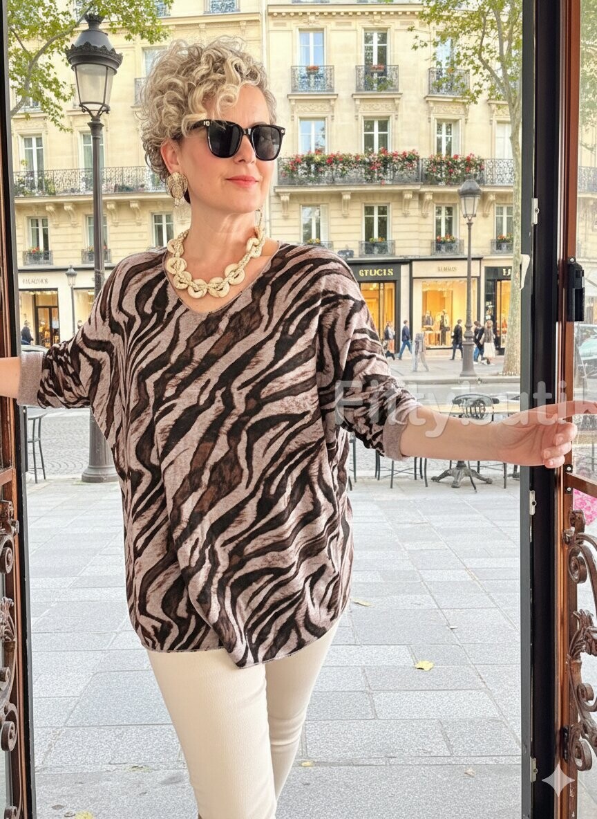 Yassa İtalyan V Yaka Zebra Desenli Triko Vizon