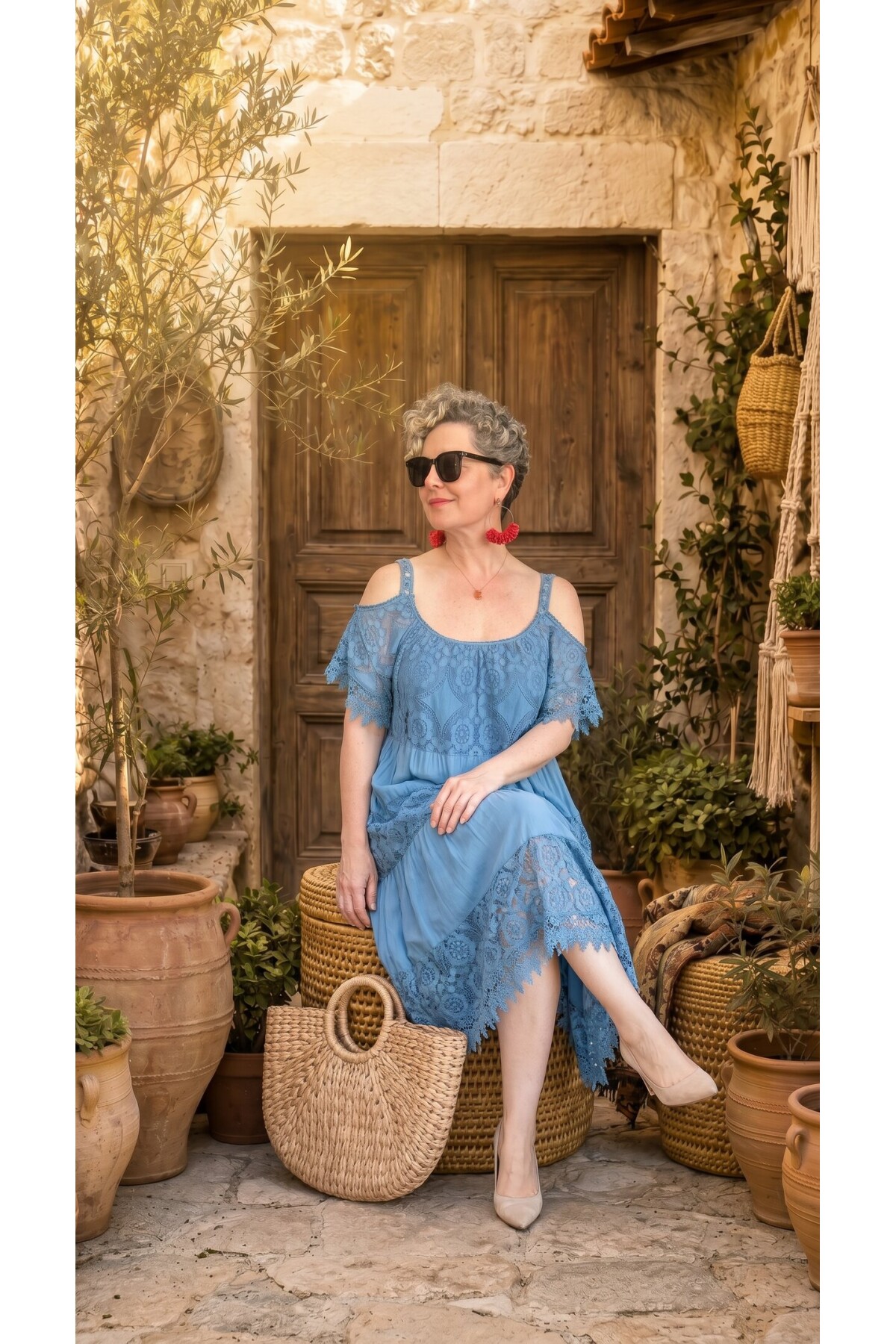 Zecca İtalyan Brode Nakışlı  Askılı Midi Elbise Jeans Mavi