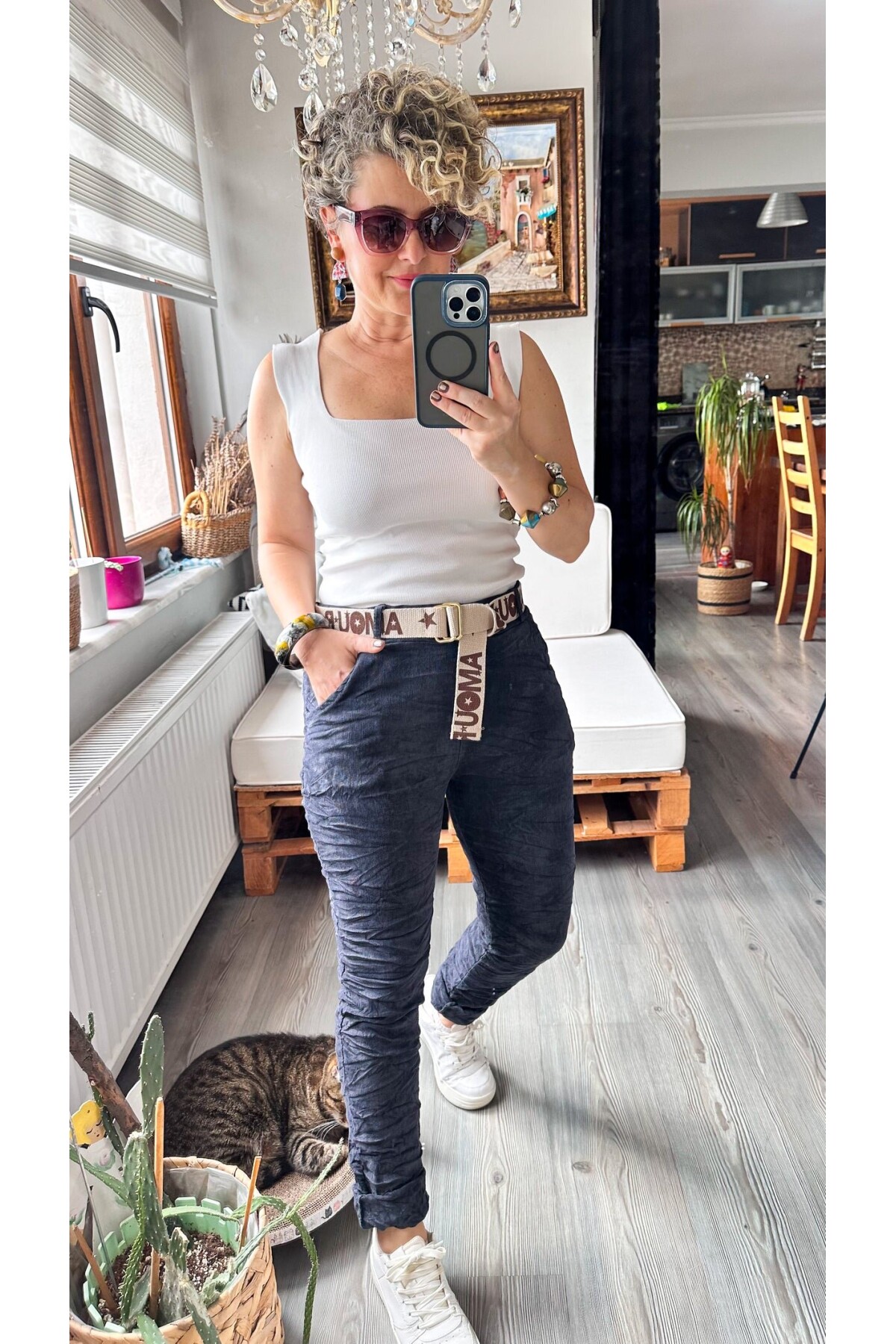 Amour İtalyan Sihirli Kemer Detaylı Pantolon Dark Grey
