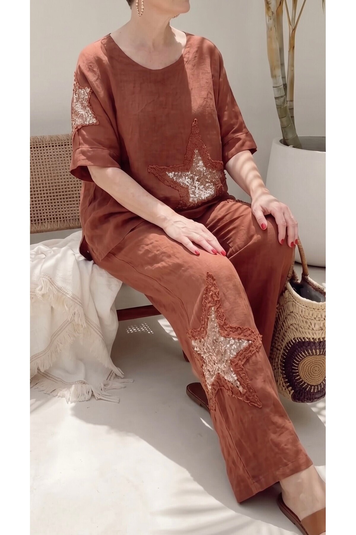 Dolce | Payet Yıldız Detaylı %100 Linen İkili Takım Cinnamon