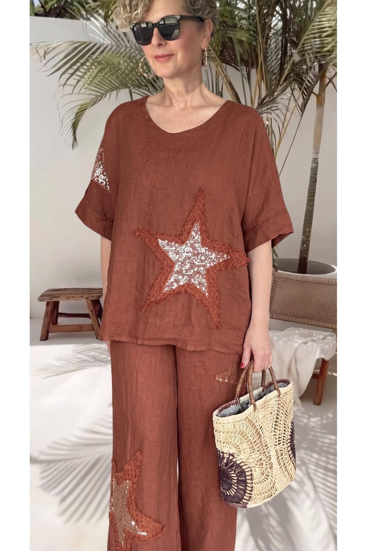 Dolce | Payet Yıldız Detaylı %100 Linen İkili Takım Cinnamon