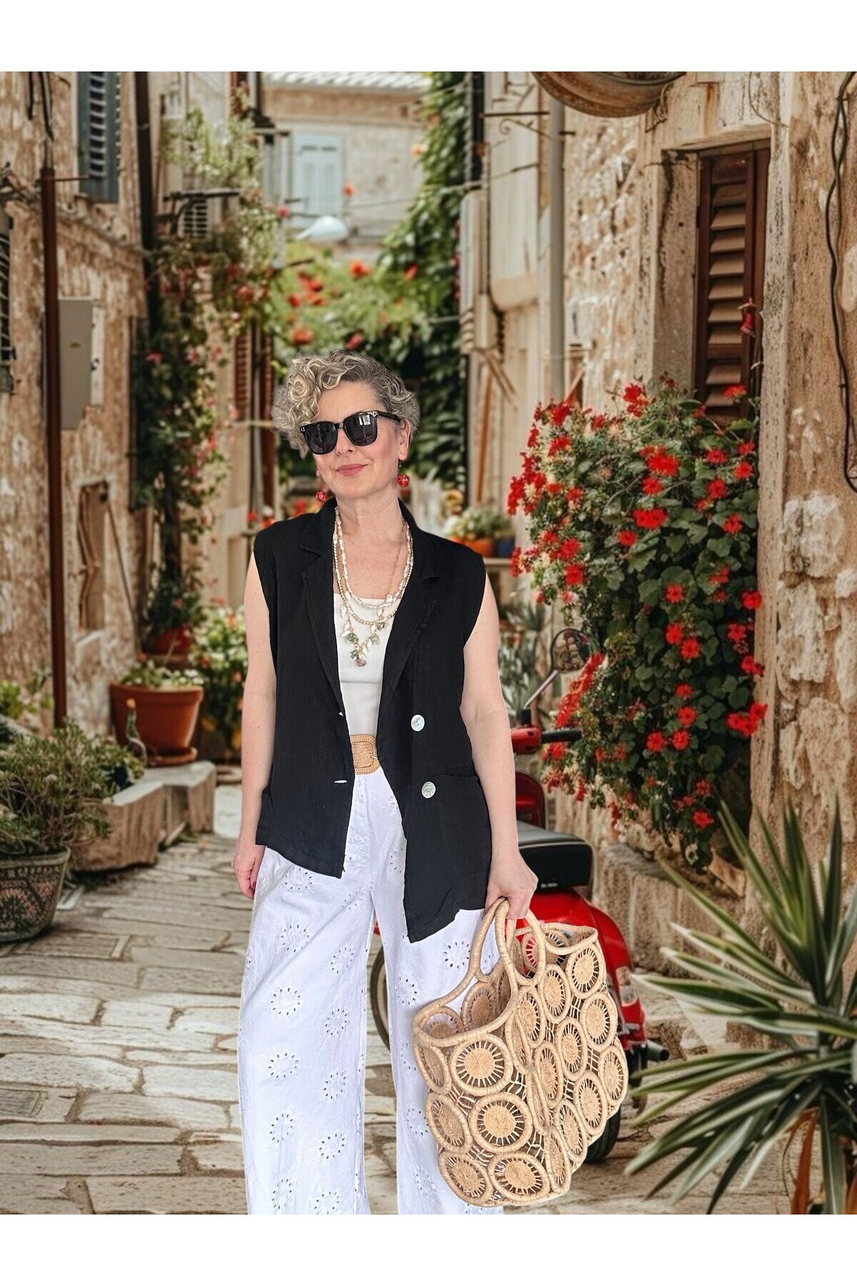 Estee %100 Linen Asimetrik Kesim Blazer Yelek Siyah