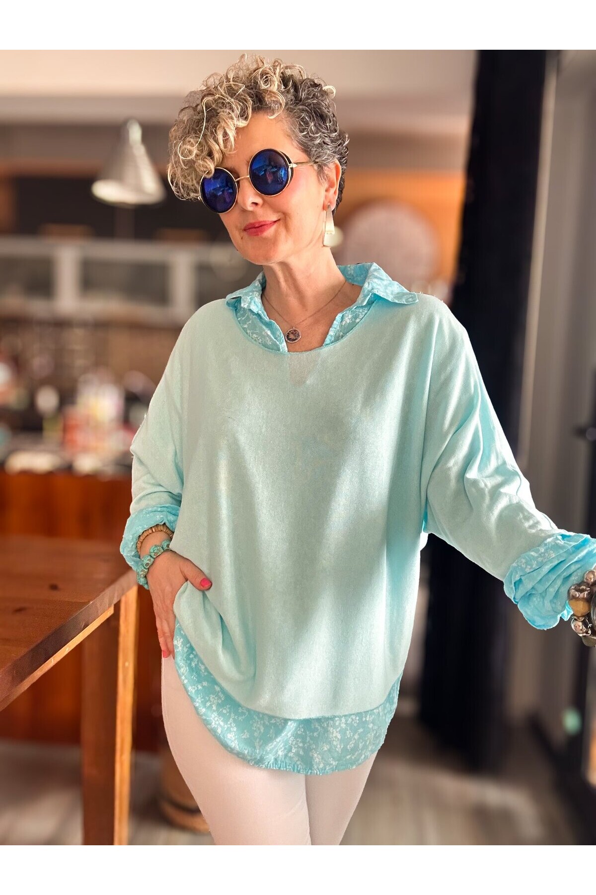 Femme İtalyan Gömlekli Bluz Triko Takım Bebe Mavi