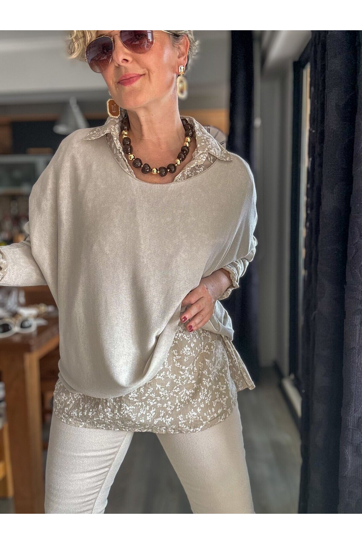 Femme İtalyan Gömlekli Bluz Triko Takım Ekru