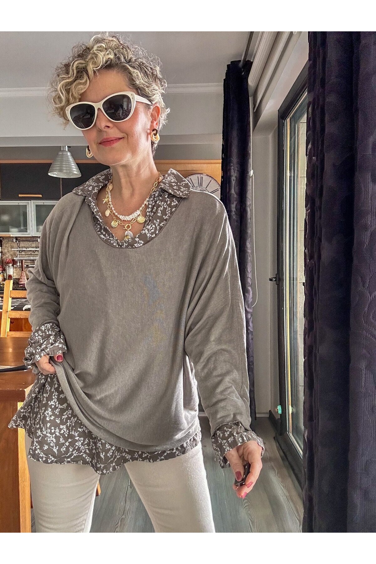 Femme İtalyan Gömlekli Bluz Triko Takım Gri