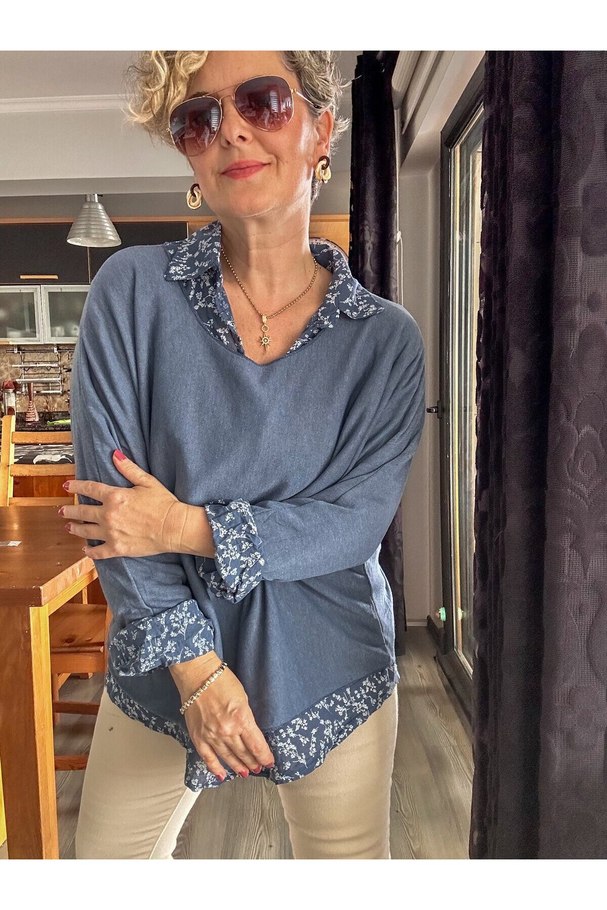 Femme İtalyan Gömlekli Bluz Triko Takım İndigo