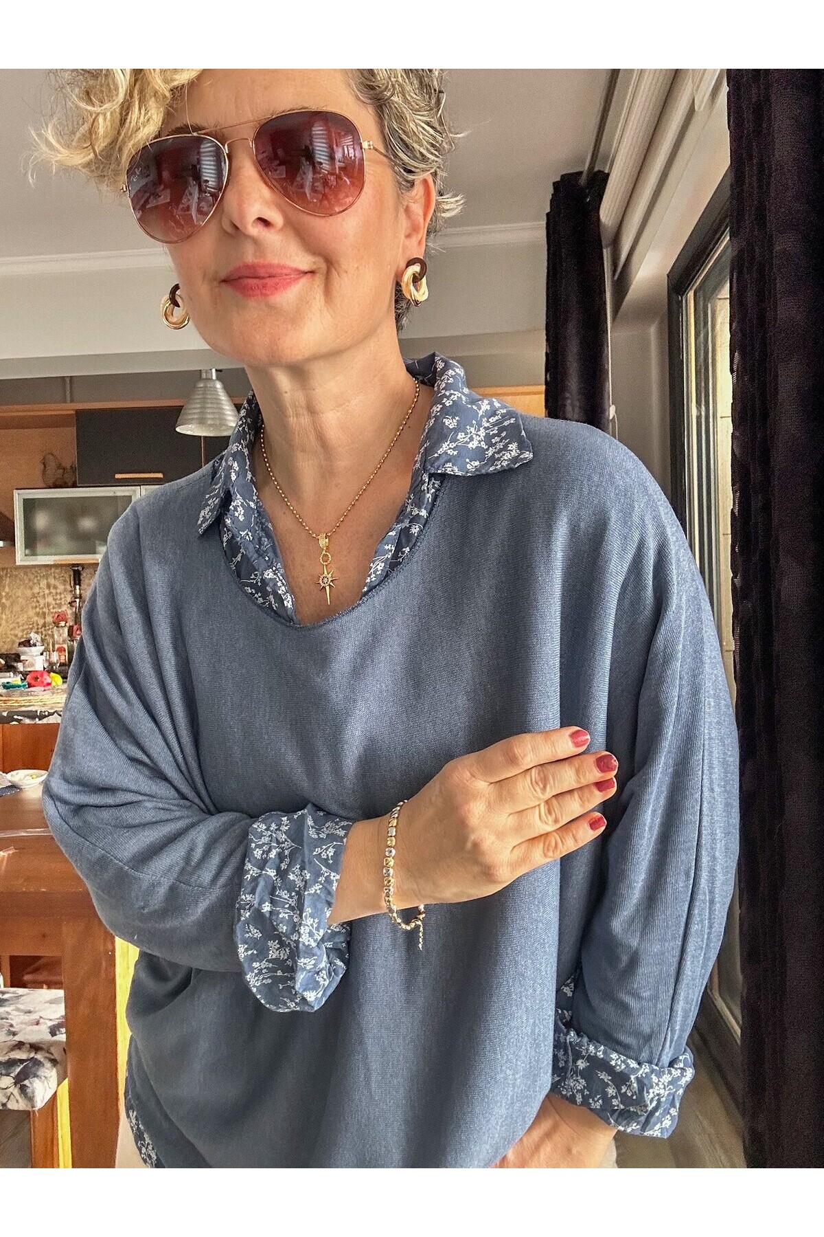 Femme İtalyan Gömlekli Bluz Triko Takım İndigo