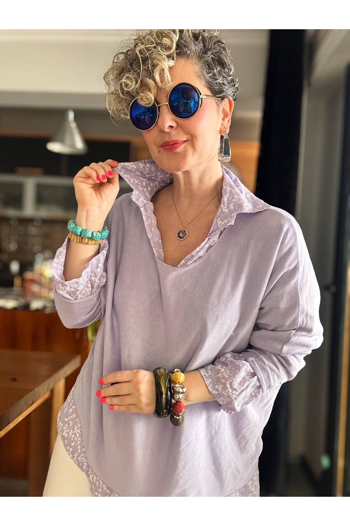 Femme İtalyan Gömlekli Bluz Triko Takım Lila