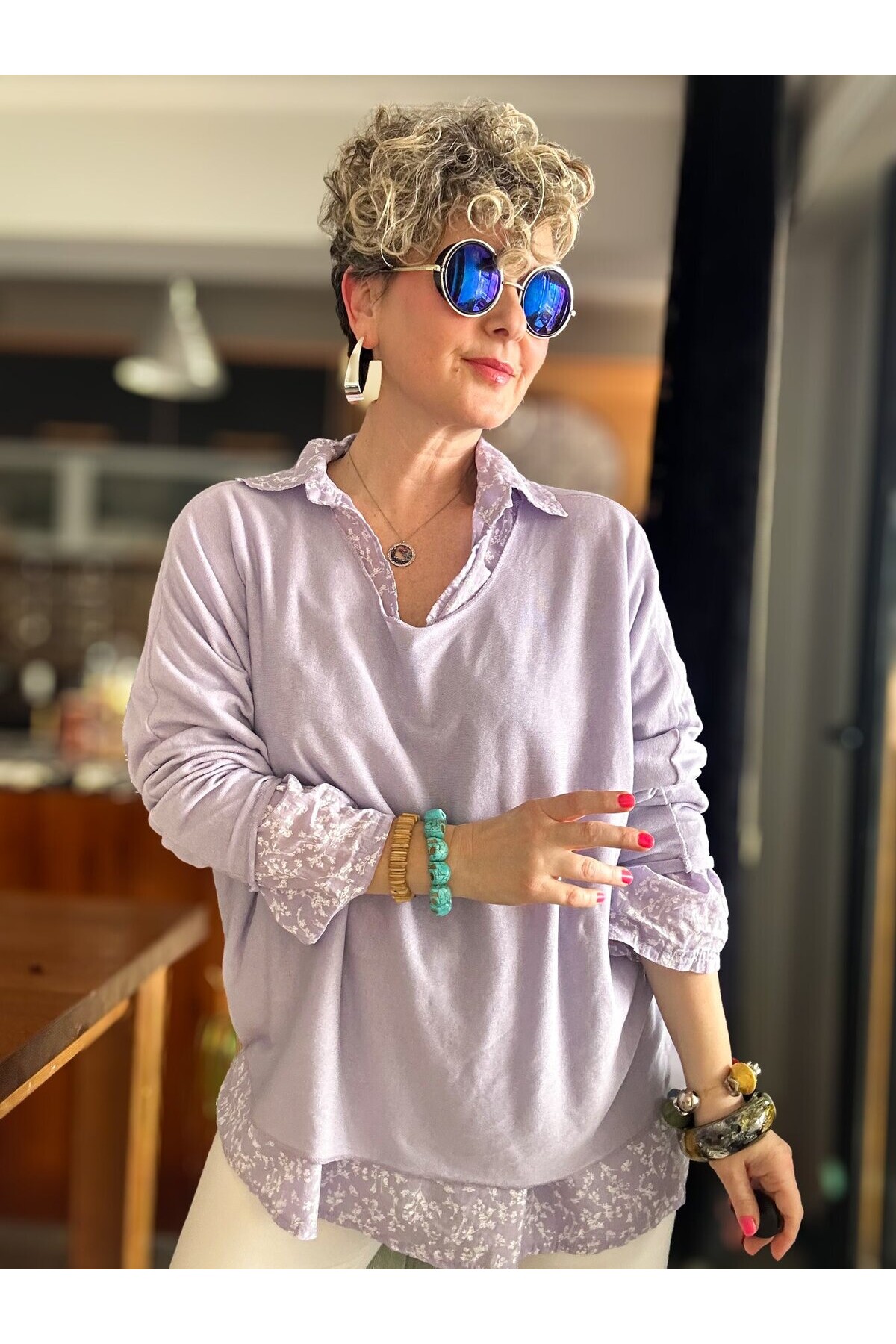Femme İtalyan Gömlekli Bluz Triko Takım Lila