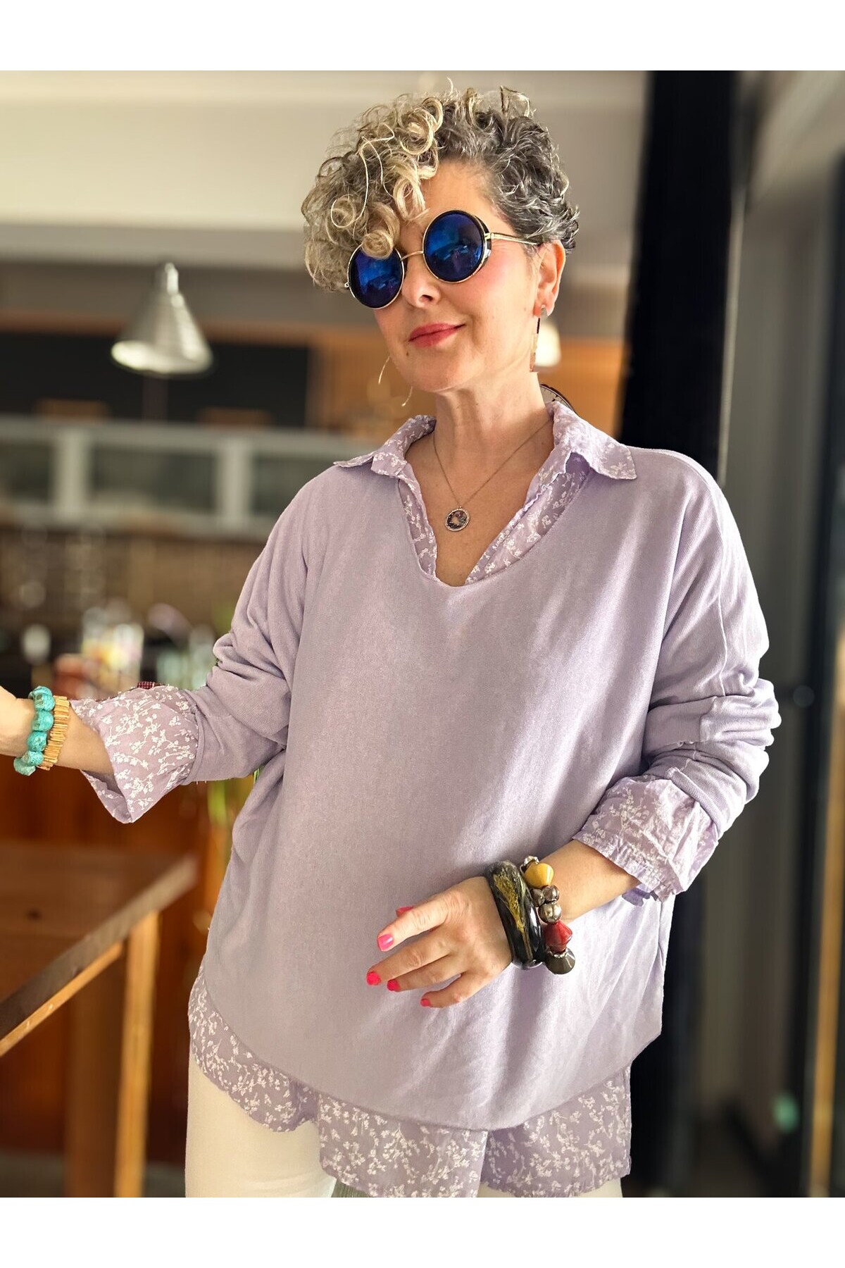 Femme İtalyan Gömlekli Bluz Triko Takım Lila