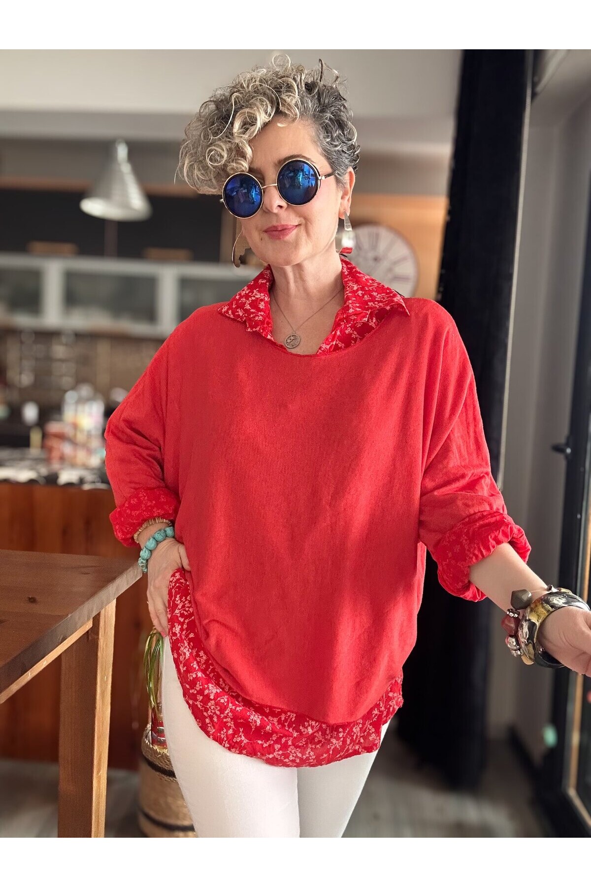 Femme İtalyan Gömlekli Bluz Triko Takım Nar Çiçeği