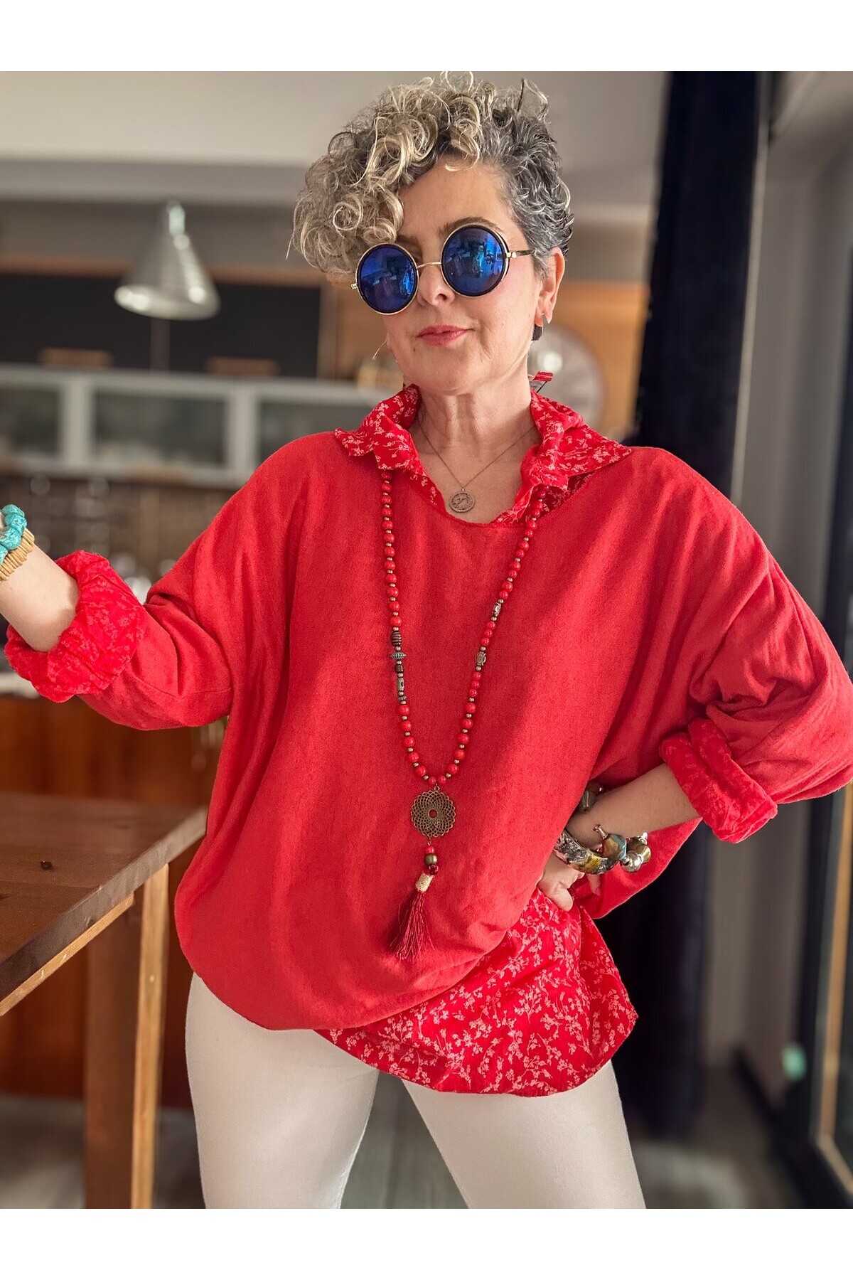 Femme İtalyan Gömlekli Bluz Triko Takım Nar Çiçeği