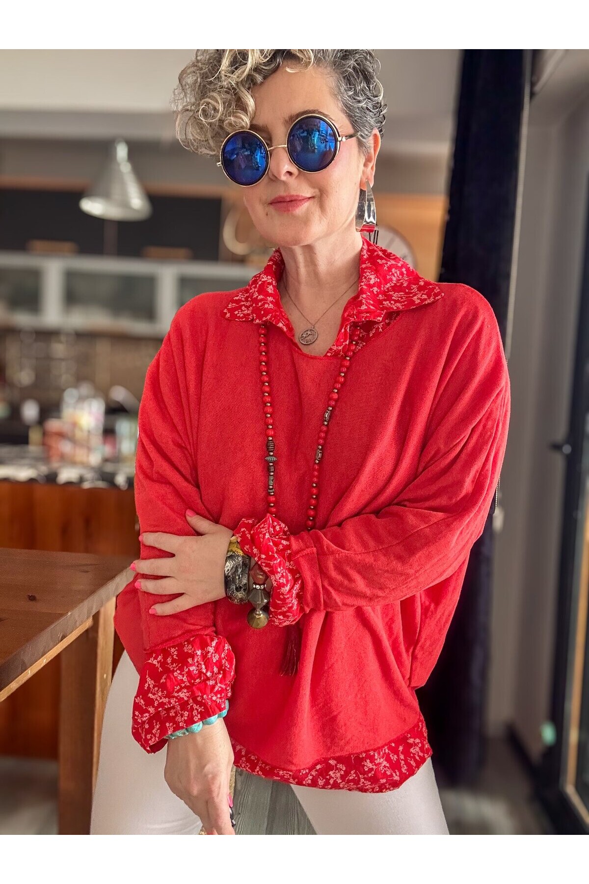 Femme İtalyan Gömlekli Bluz Triko Takım Nar Çiçeği