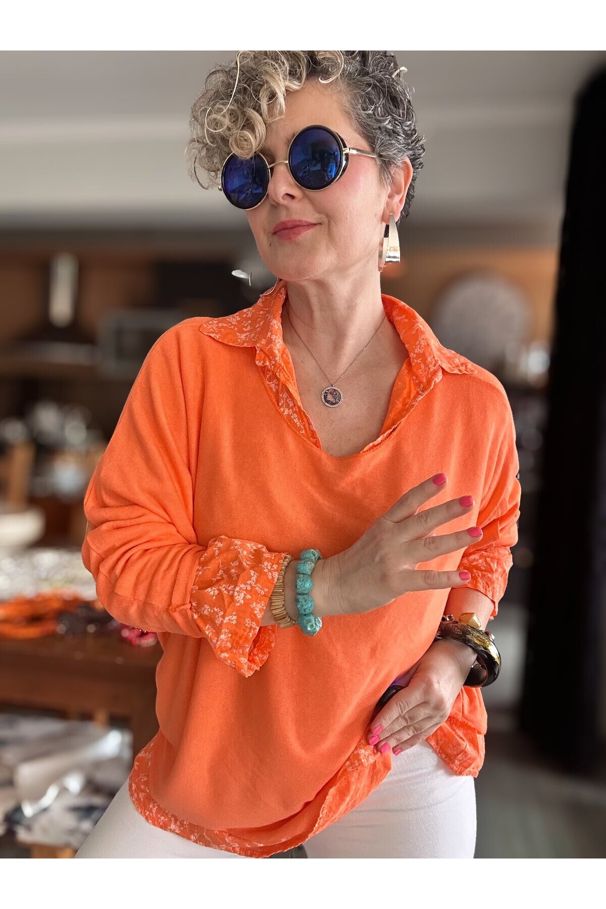 Femme İtalyan Gömlekli Bluz Triko Takım Orange