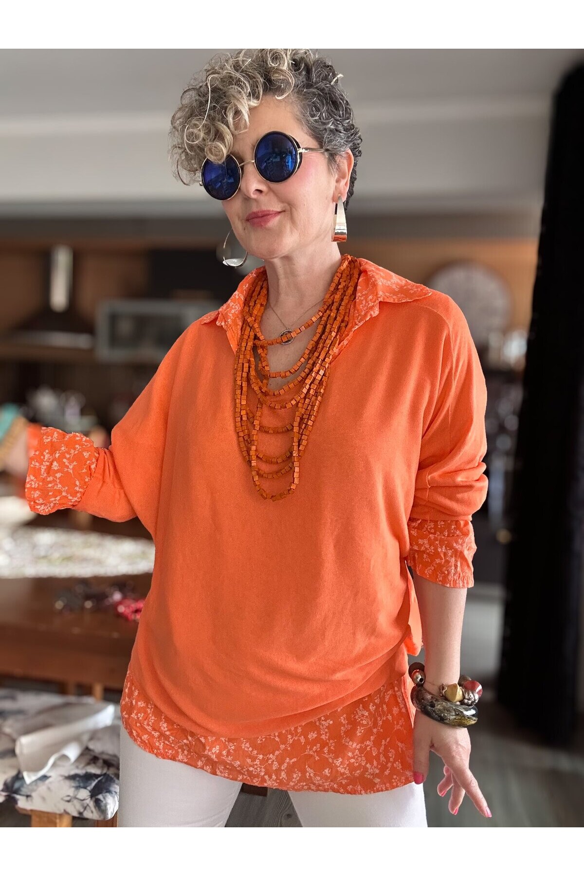 Femme İtalyan Gömlekli Bluz Triko Takım Orange