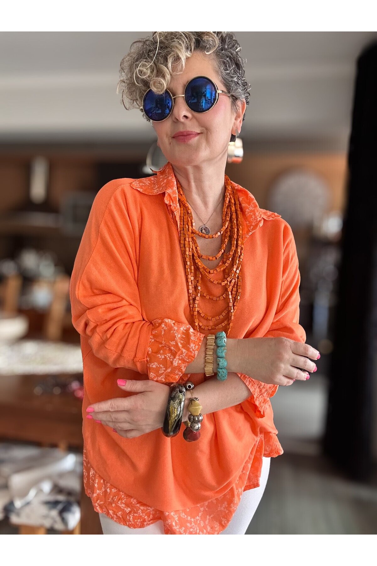 Femme İtalyan Gömlekli Bluz Triko Takım Orange