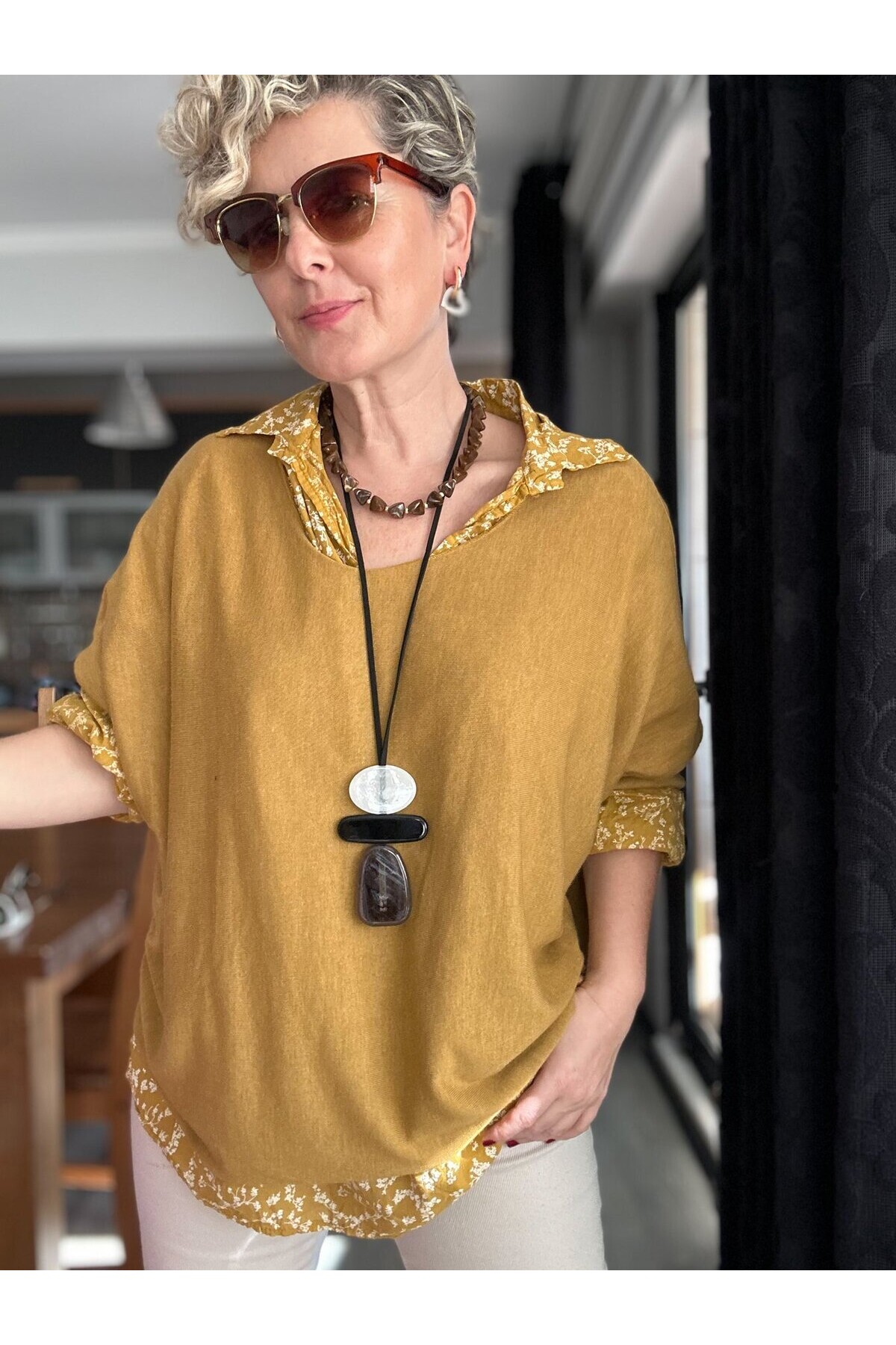 Femme İtalyan Gömlekli Bluz Triko Takım Safran