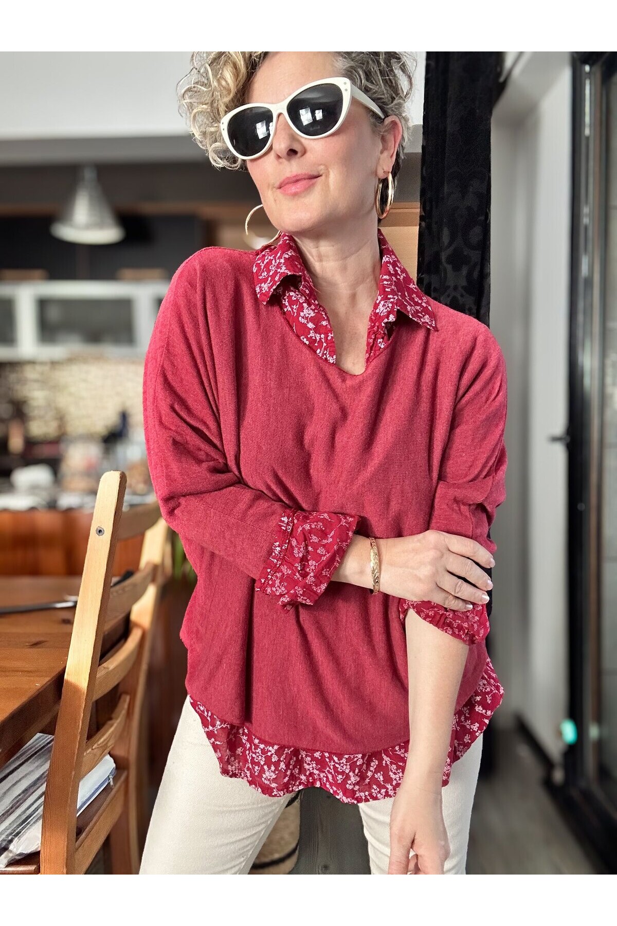 Femme İtalyan Gömlekli Bluz Triko Takım Vişne