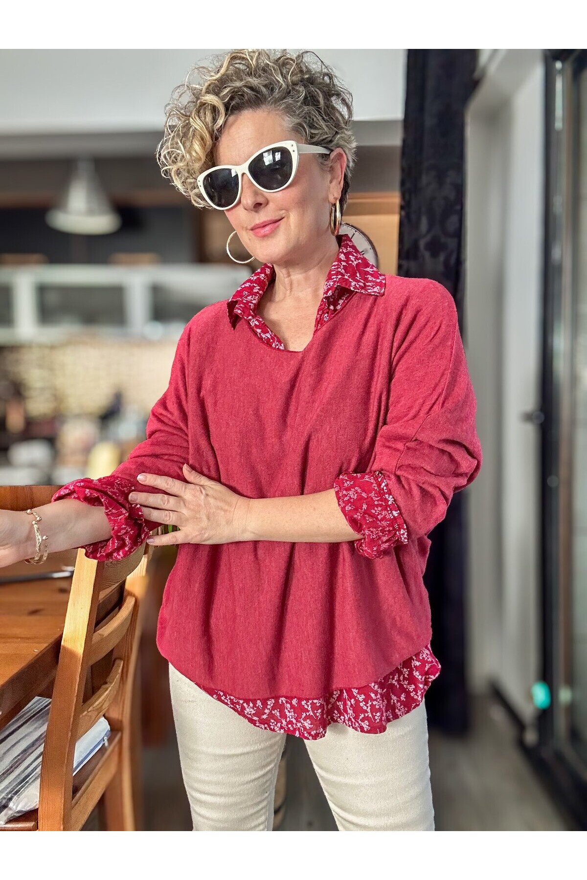 Femme İtalyan Gömlekli Bluz Triko Takım Vişne