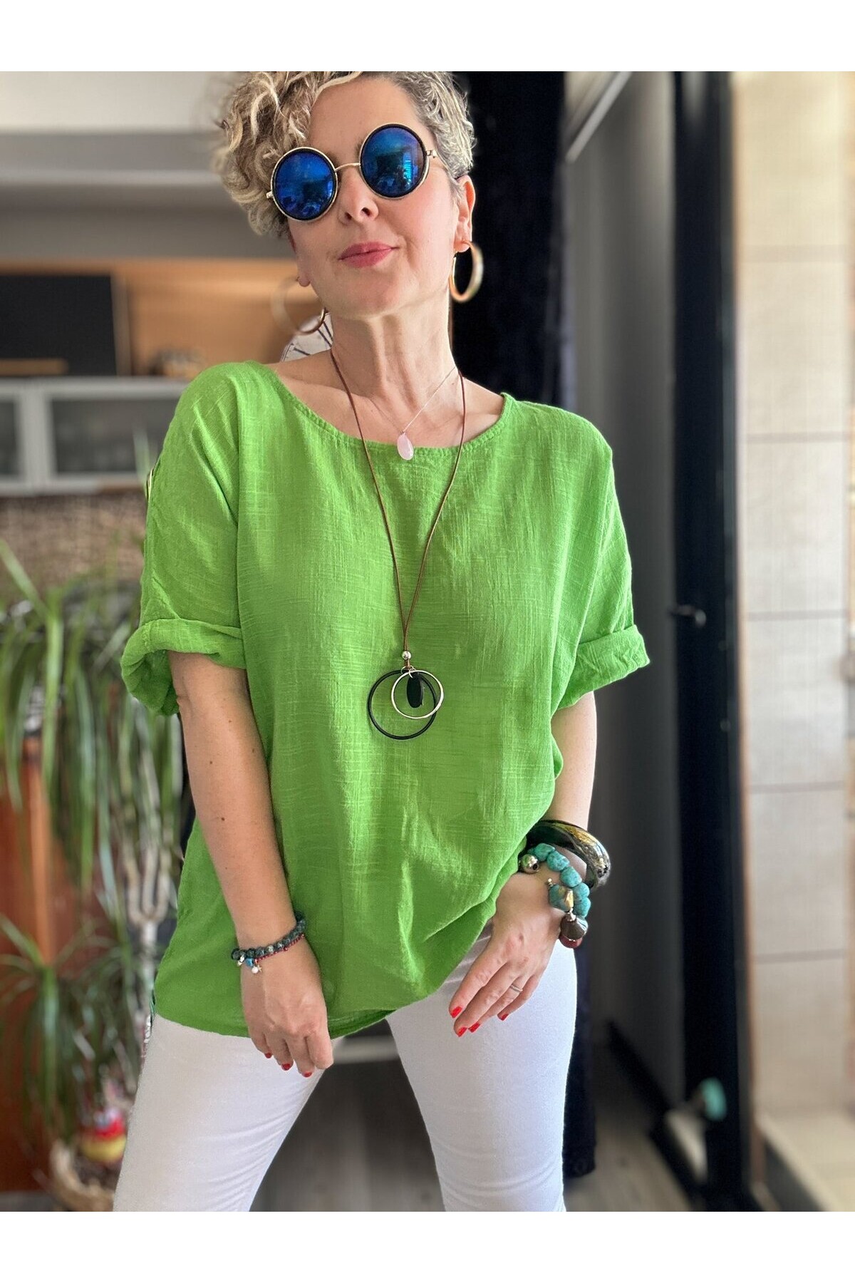Fezza İthal Kolyeli Tasarım Bluz Çimen Yeşil