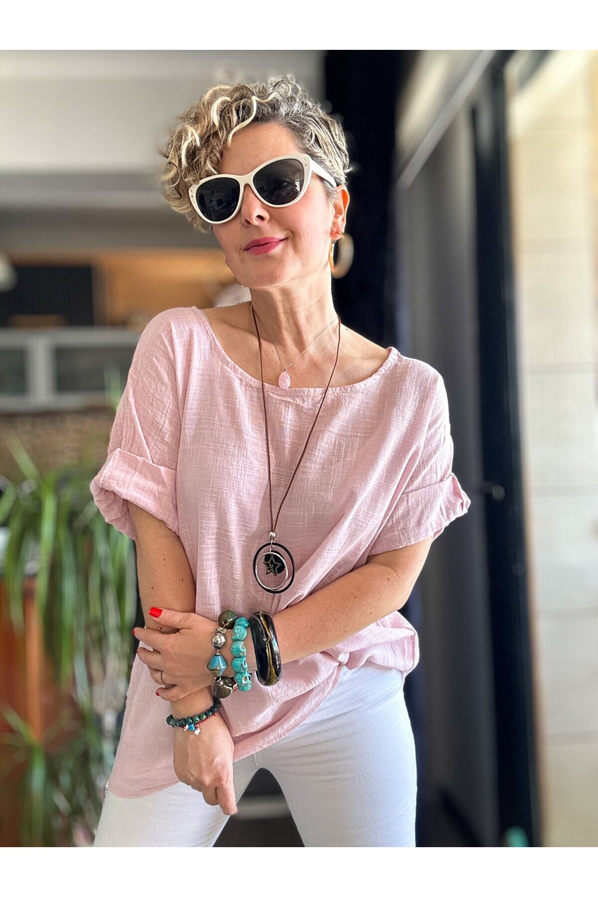 Fezza İthal Kolyeli Tasarım Bluz Toz Pembe