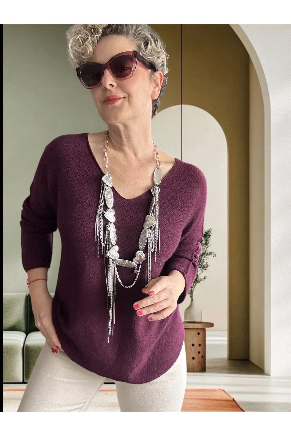 Fikka İtalyan V Yaka Angora Oval Triko Bordo