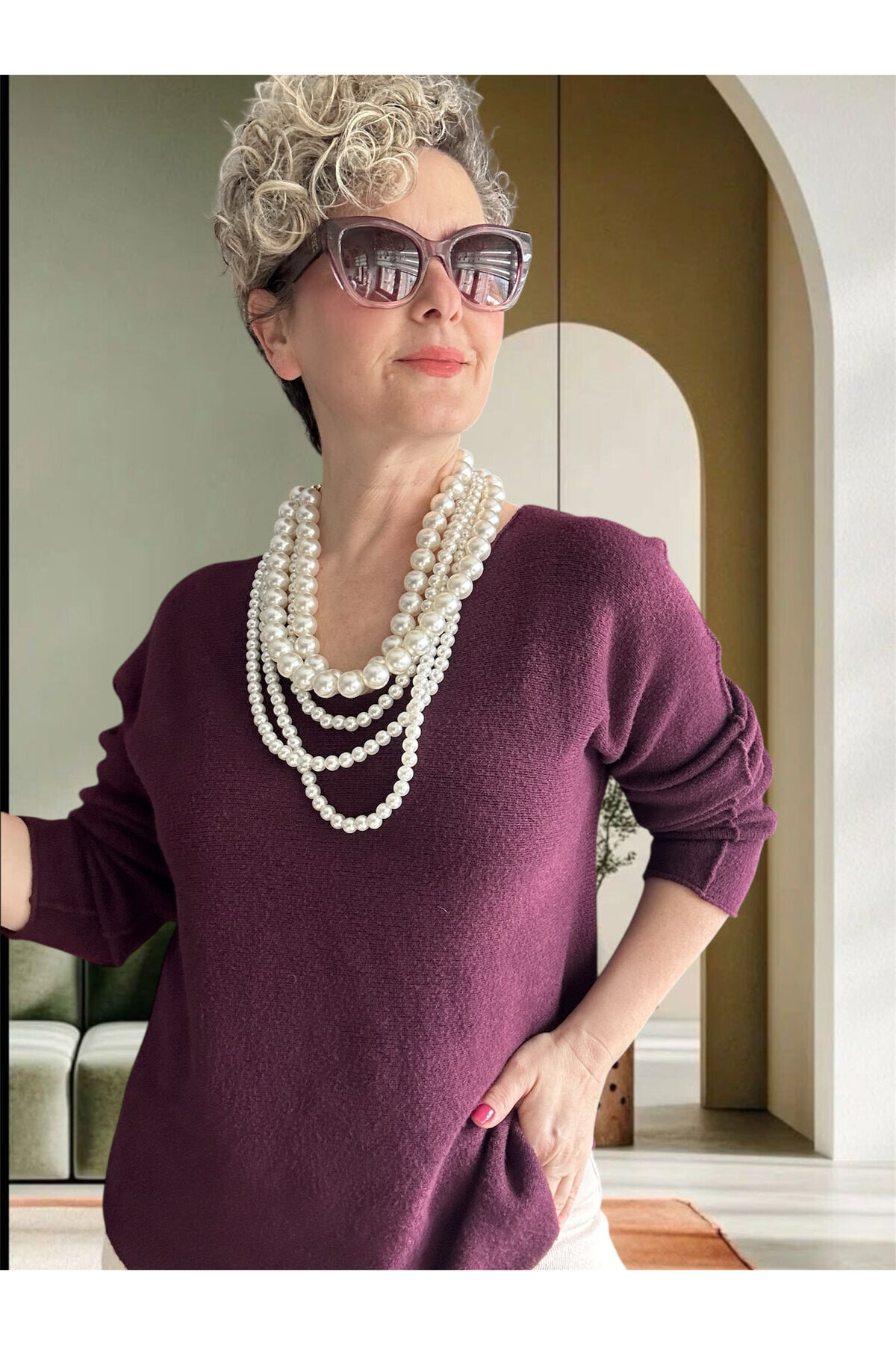Fikka İtalyan V Yaka Angora Oval Triko Bordo