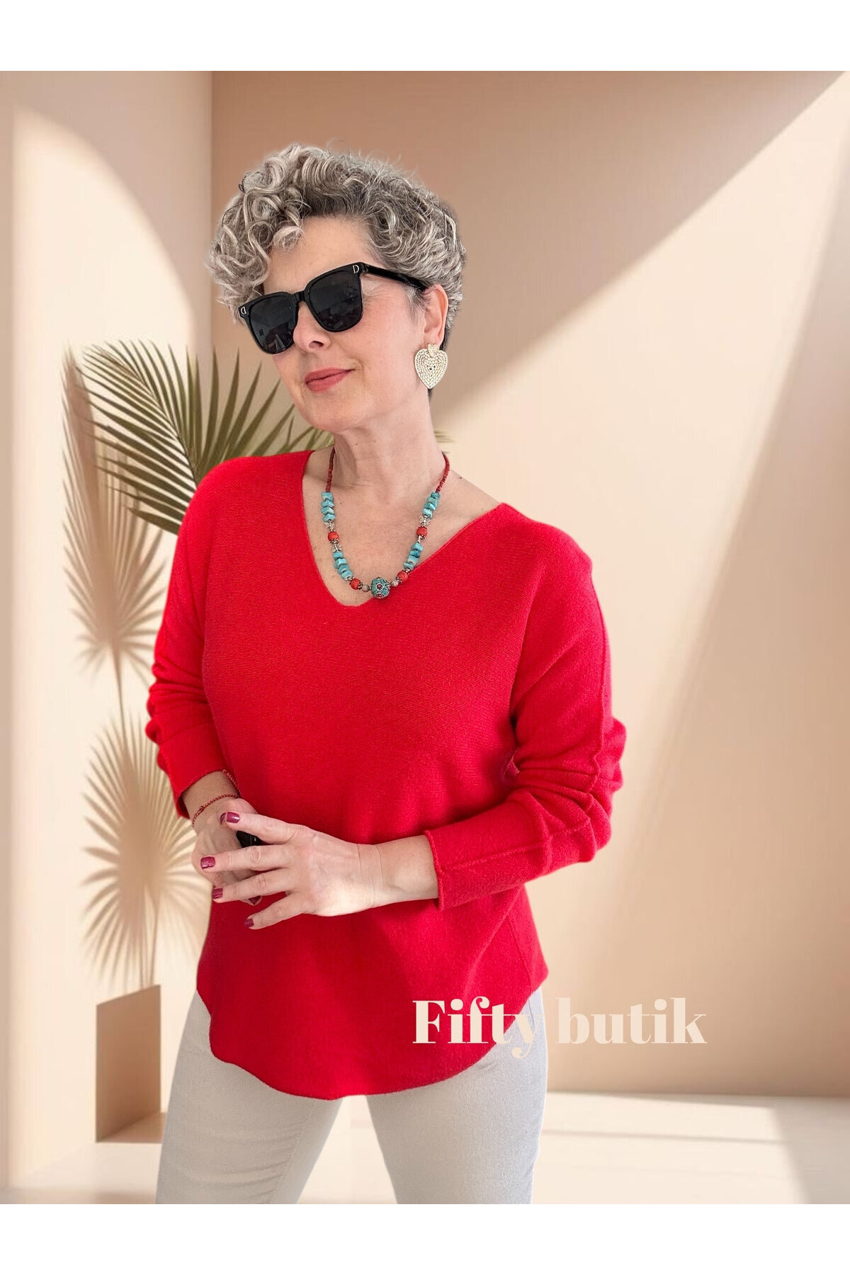 Fikka İtalyan V Yaka Angora Oval Triko Nar Çiçeği