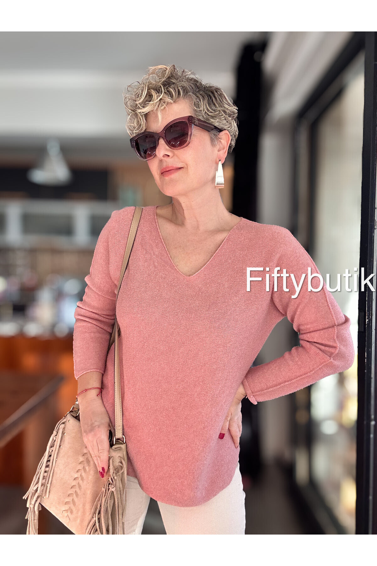 Fikka İtalyan V Yaka Angora Oval Triko Pudra