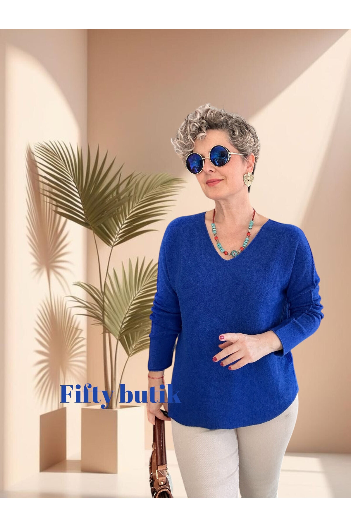 Fikka İtalyan V Yaka Oval Triko Sax Mavi