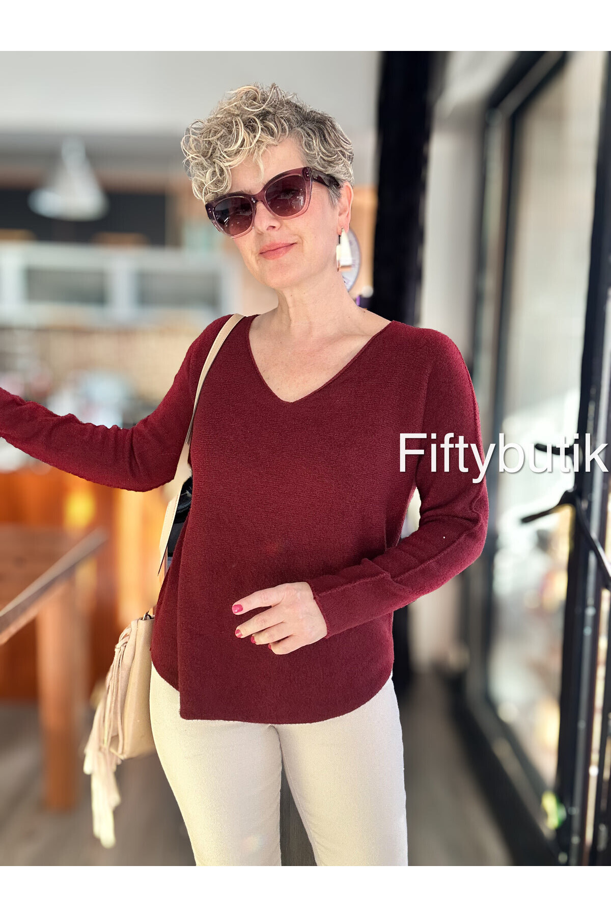 Fikka İtalyan V Yaka Oval Triko Vişne Çürügü