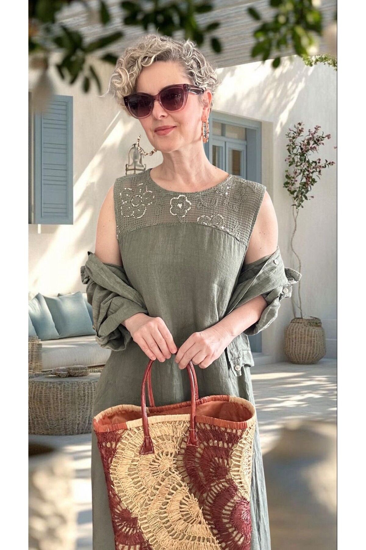 Fisso %100 Linen Kolsuz Elbise & Cep Pul Detaylı Ceket Takım Haki