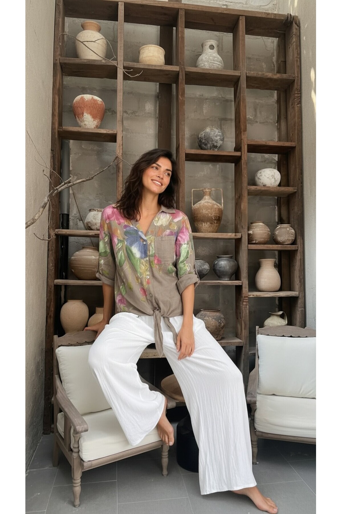 Flora İtalyan Floral Desenli Bağlamalı Linen Gömlek Fango