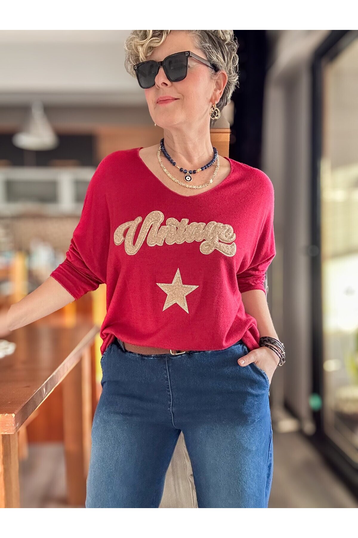 Gabbi İtalyan Vintage Desen Triko İndian Red
