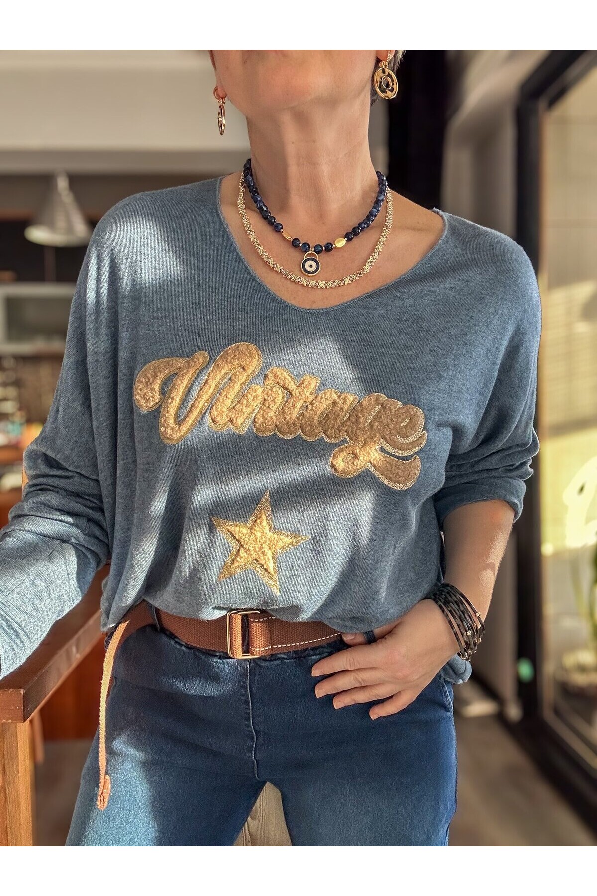 Gabbi İtalyan Vintage Desen Triko Jeans Mavi