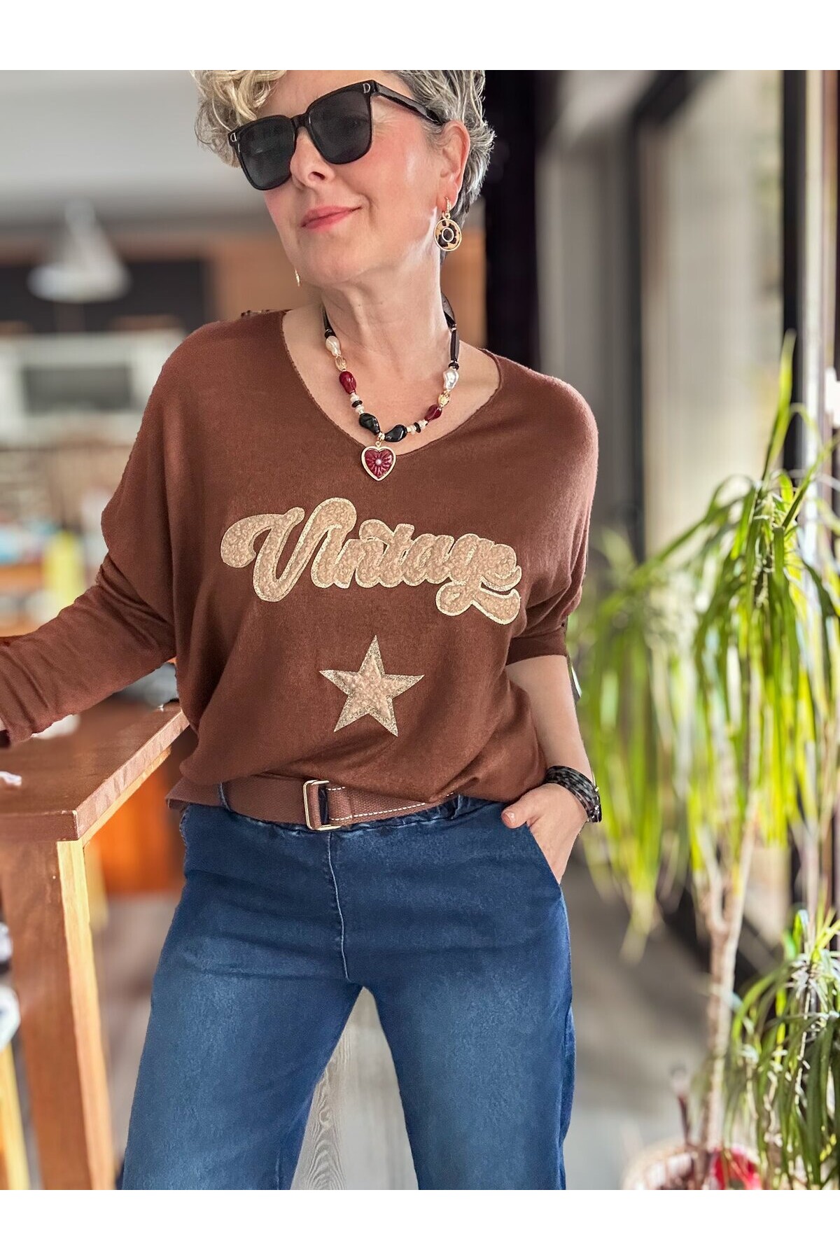 Gabbi İtalyan Vintage Desen Triko Kahve