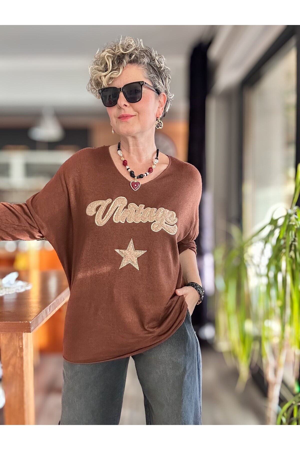 Gabbi İtalyan Vintage Desen Triko Kahve