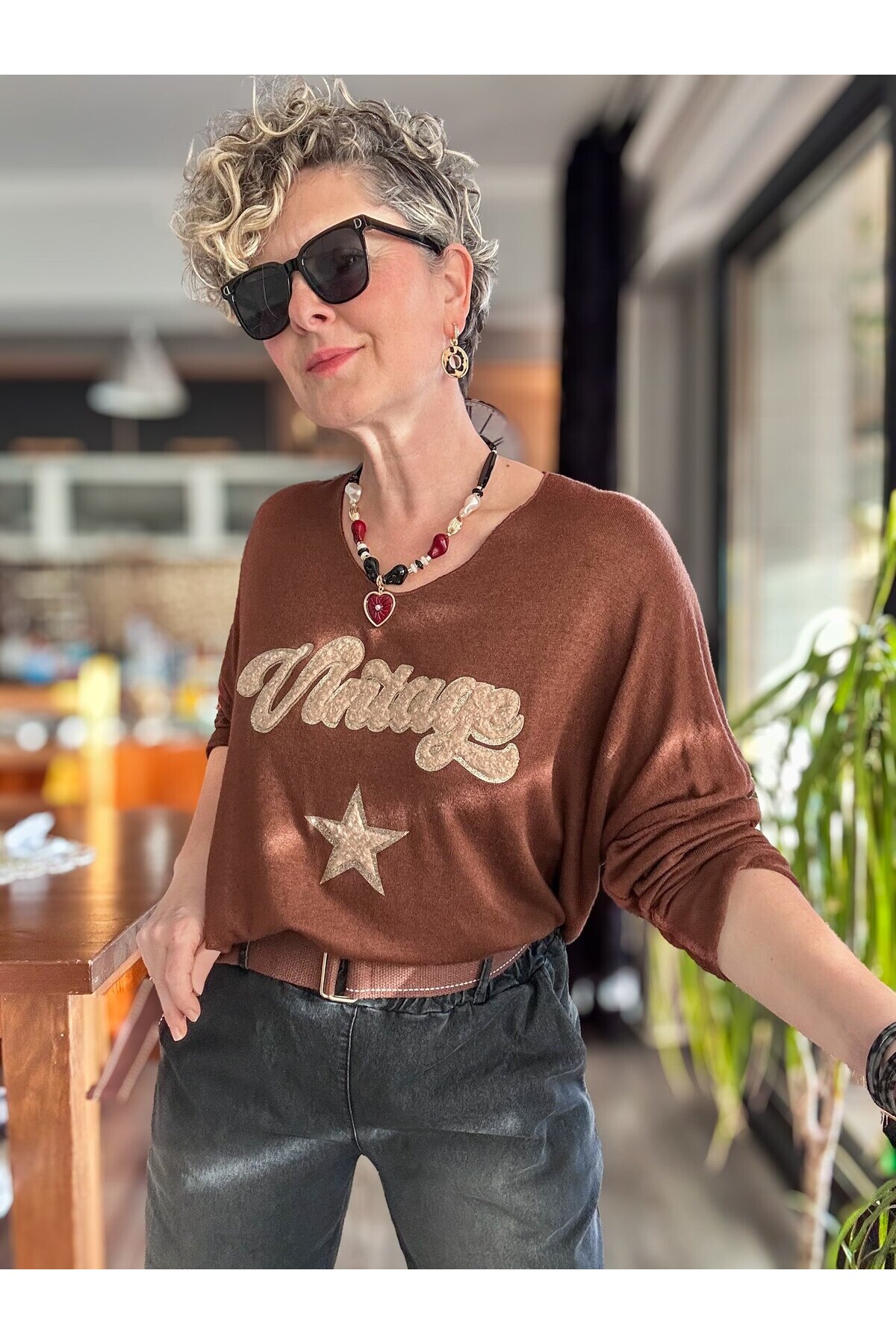 Gabbi İtalyan Vintage Desen Triko Kahve