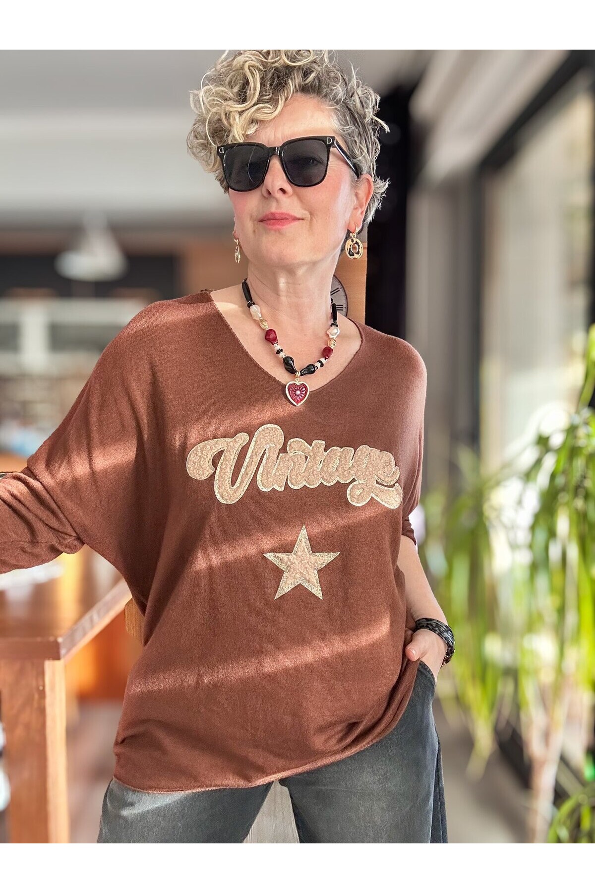 Gabbi İtalyan Vintage Desen Triko Kahve